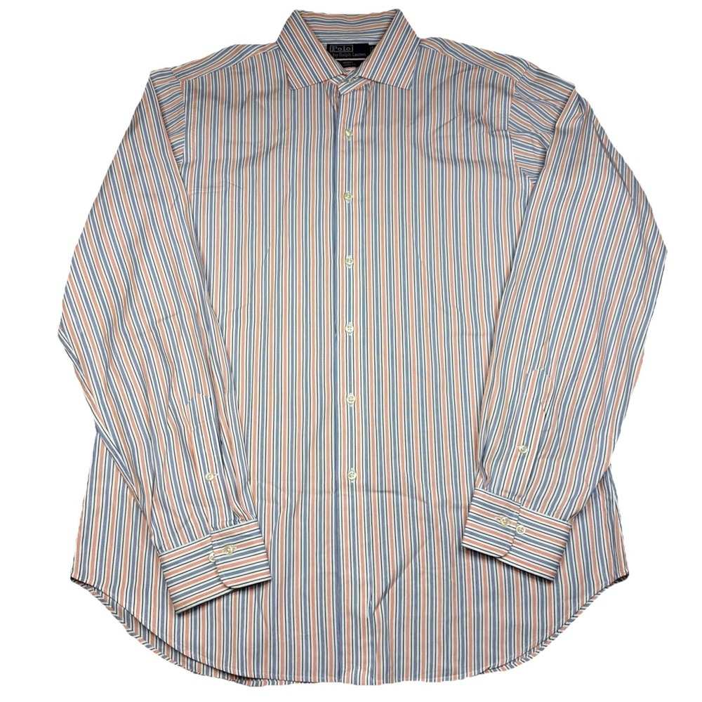 VTG Polo Ralph Lauren Regent Classic Fit Dress Shirt Men 16.5 36/37 Orange Blue